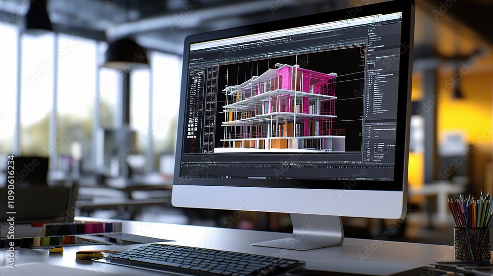 Aufkleber Architectural Design in Progress:  A close-up shot of a computer screen displaying a 3D model of a building, showcasing the intricate details and creative process of architectural design. 