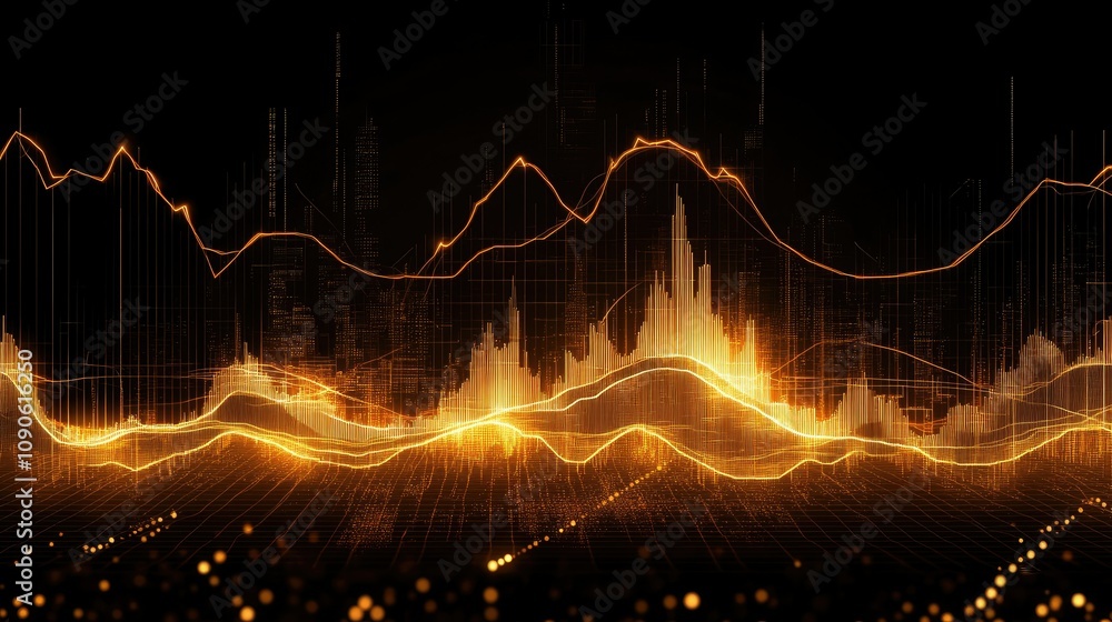 Poster abstract visualization of financial data with glowing orange waves and lines representing market tre