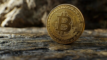 Golden Bitcoin Coin Symbolizing Digital Currency on Natural Surface Highlighting Innovation in Financial Technology and Cryptocurrency Investment Trends