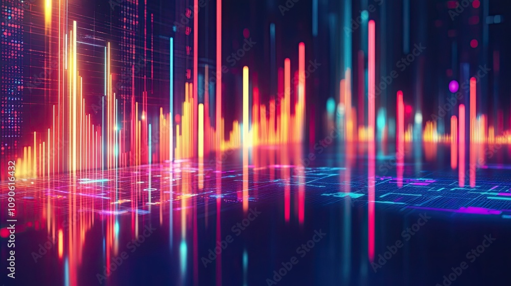 Poster abstract colorful data visualization with bright neon bars and digital elements representing modern 