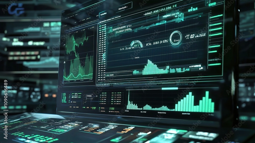 Poster futuristic data analysis dashboard with interactive graphs and charts illustrating technology in fin
