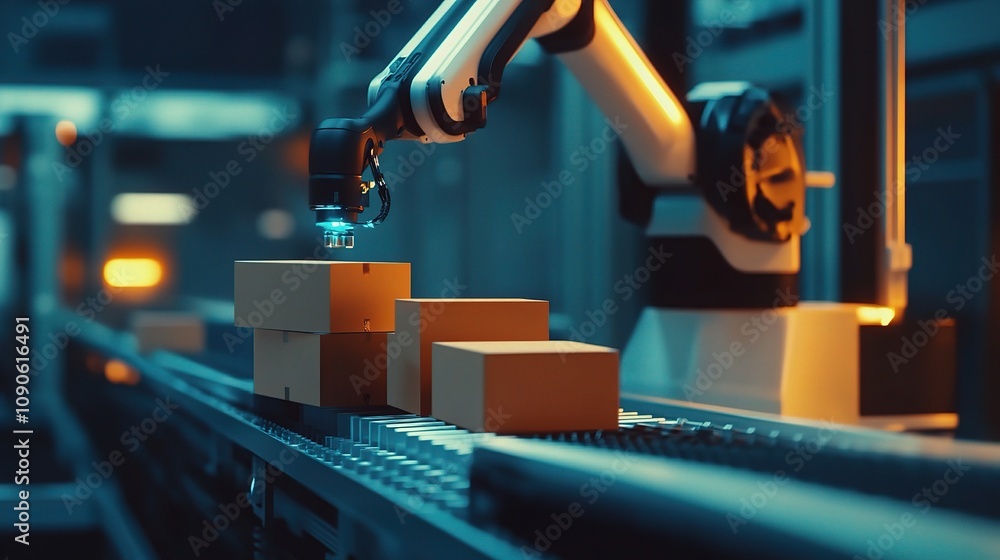 Poster advanced industrial robot arm handling packages on a high-speed conveyor belt in a modern warehouse 