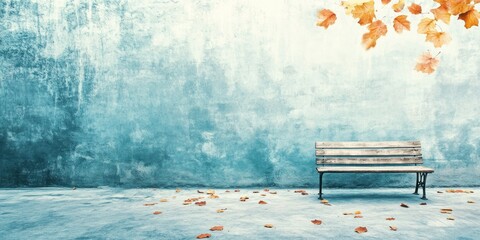A serene, empty bench under a blue wall with autumn leaves, evoking tranquility.