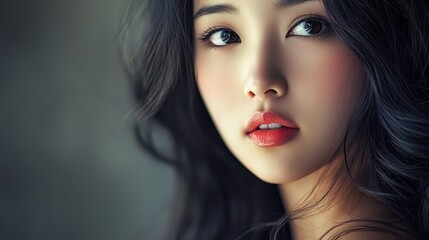 Fototapeta premium Captivating Portrait of a Young Woman with Dark Hair and Striking Features, Featuring Soft Lighting and Beautiful Skin Tone for Artistic and Fashion Themes