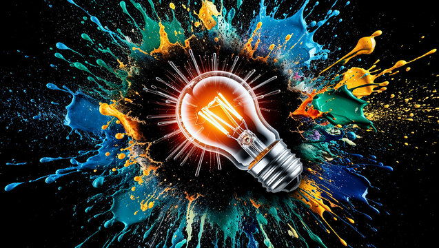 黒い背景でカラフルに爆発する電球が創造性とアイデアを表現したデザイン。生成AI