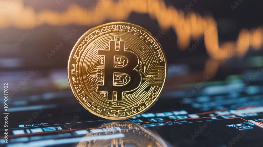 Poster shiny golden bitcoin coin on a digital background with price chart fluctuations illustrating cryptoc