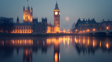 Obraz premium Nighttime View of Illuminated London Cityscape with Reflection on Calm Waters, Foggy Atmosphere