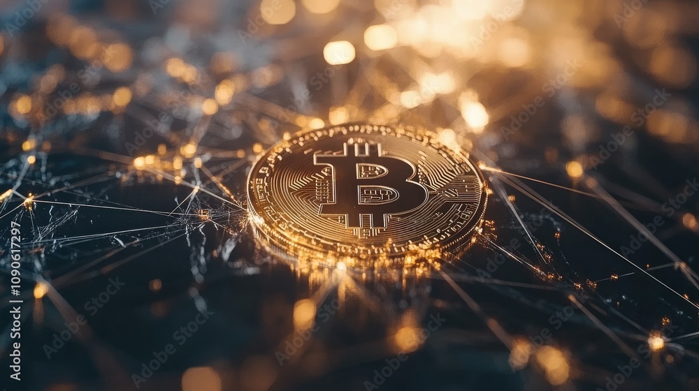Poster glowing bitcoin coin surrounded by digital connections and light particles, representing cryptocurre