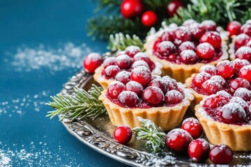Fototapeta premium Vibrant cranberry tartlets elegantly arranged on a silver platter, a delightful treat for any occasion.