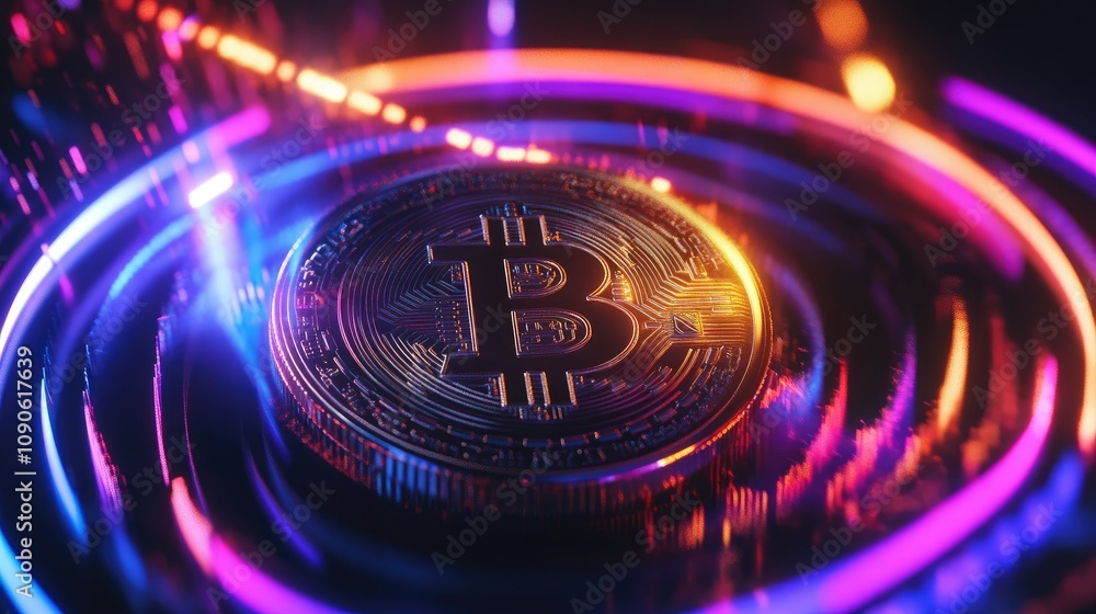 Poster digital bitcoin concept with neon lights and vibrant colors creating a stunning visual effect repres