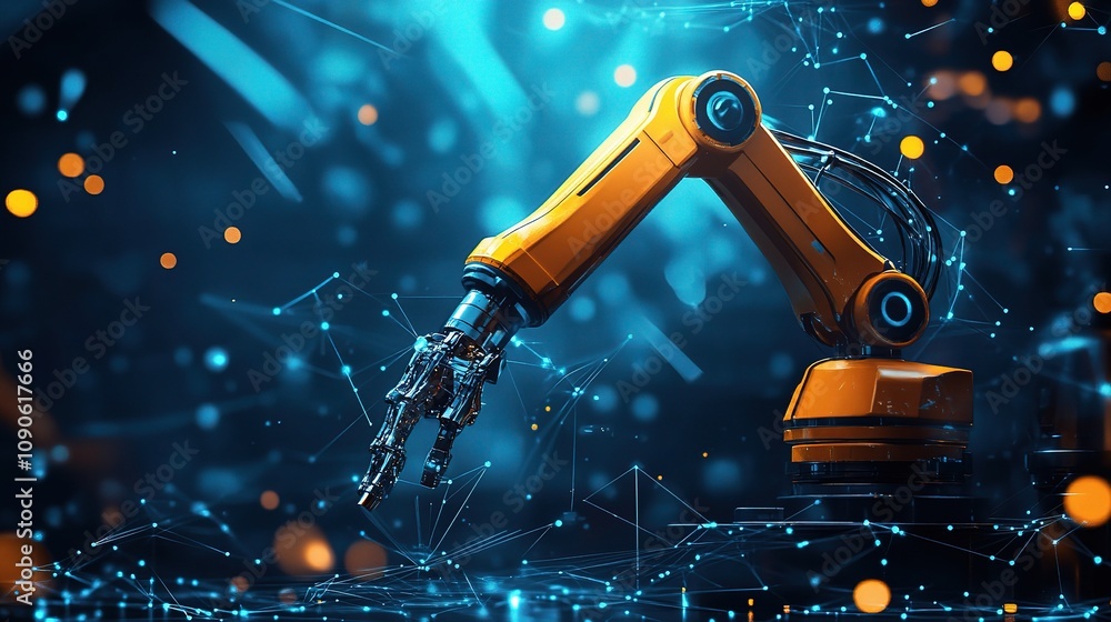 Poster advanced robotic arm in a high-tech environment with digital connections and futuristic aesthetic re