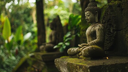 Obraz premium Bokeh foto dari kepala buddha, hutan, teratai, banyak warna