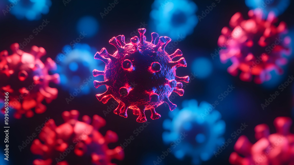 Aufkleber 3d render of microscopic virus particles illuminated with red and blue light, abstract background
