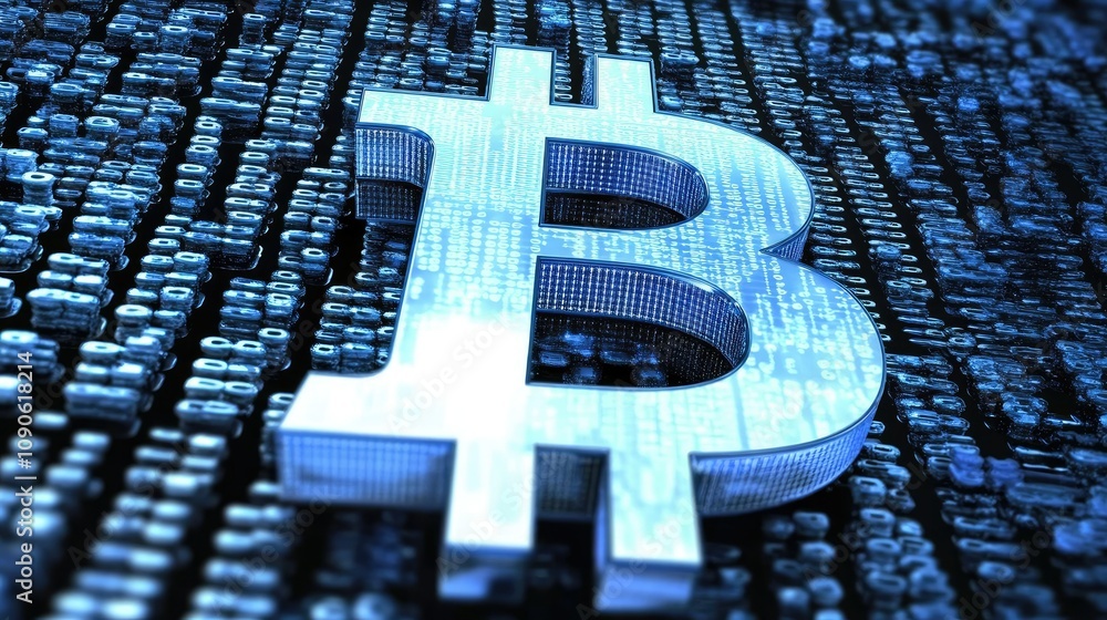 Poster digital representation of bitcoin symbol over a binary code background, illustrating cryptocurrency 