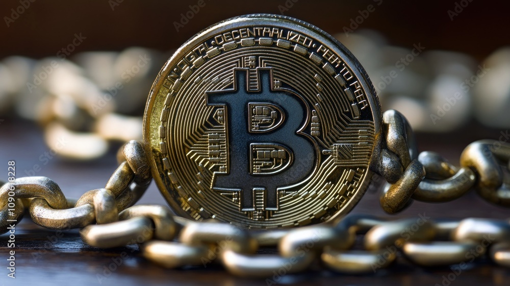 Poster a golden bitcoin coin surrounded by a metallic chain symbolizing security and technology in the cryp