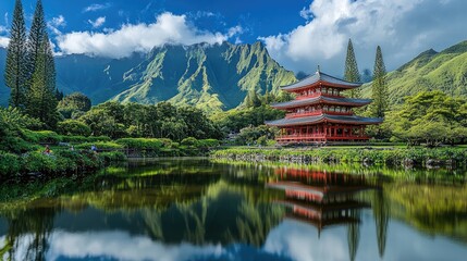 Fototapeta premium Serene Japanese Pavilion Surrounded by Lush Greenery and Majestic Mountains Under a Clear Blue Sky, Reflecting in a Tranquil Pond in a Picturesque Landscape