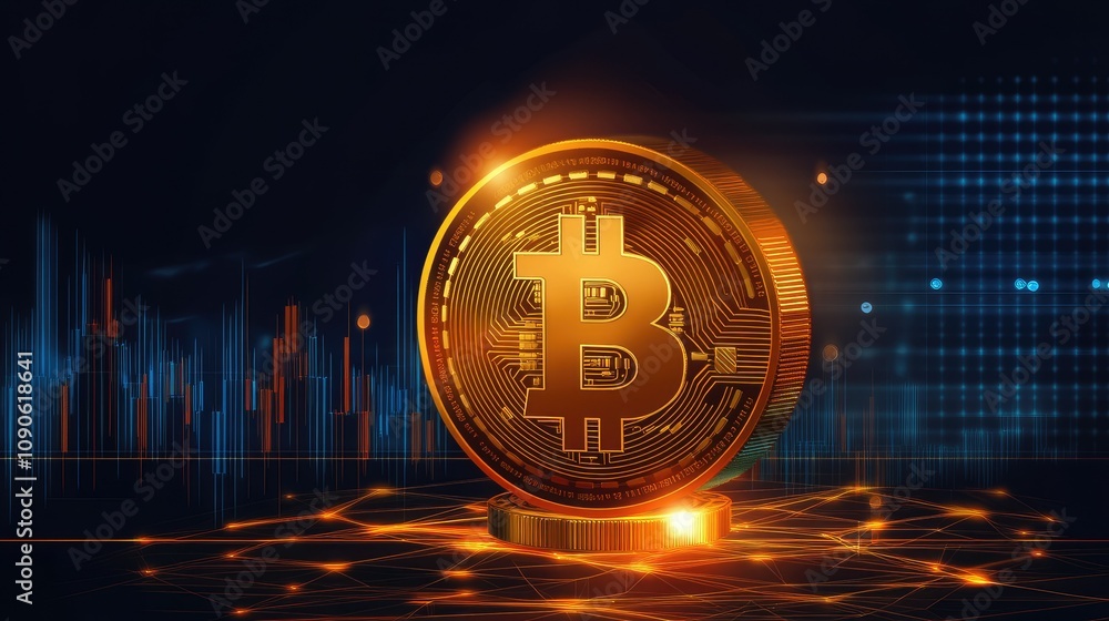 Aufkleber golden bitcoin coin with digital background and trading graphs, symbolizing cryptocurrency investmen