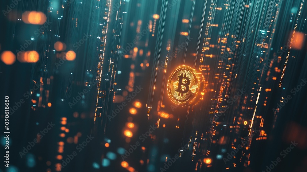Poster futuristic digital currency concept featuring bitcoin in a technology-inspired background of data st
