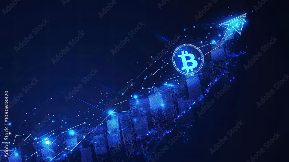 Poster cryptocurrency growth visualization with bitcoin symbol, graphical data representation, digital curr