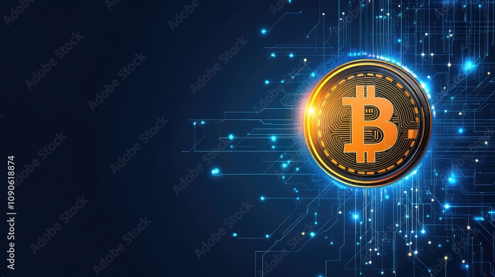 Poster digital bitcoin cryptocurrency concept with futuristic circuit background and glowing elements repre