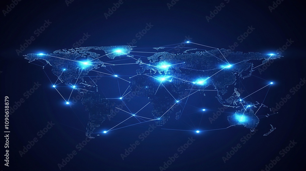 Poster futuristic global network map illustration with bright nodes and dynamic connections representing te