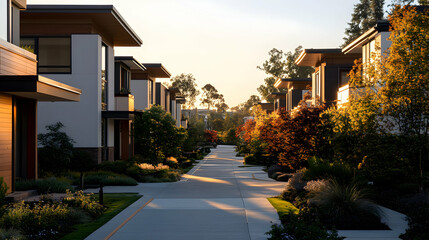 Obraz premium Sunlit Pathway Through Modern Homes with Lush Landscaping at Golden Hour