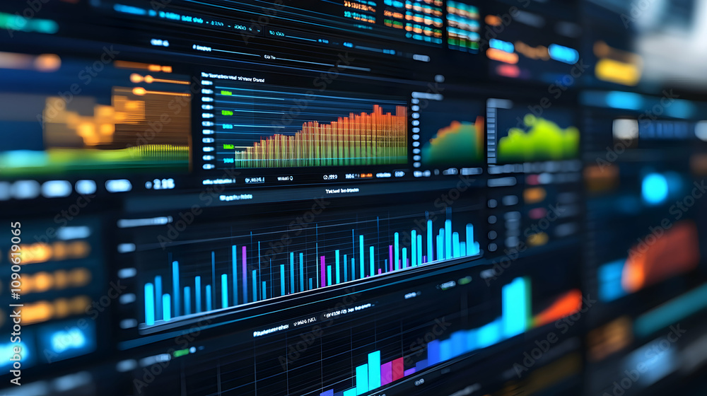 Poster abstract 3d digital dashboard displays dynamic financial charts and graphs with glowing neon colors