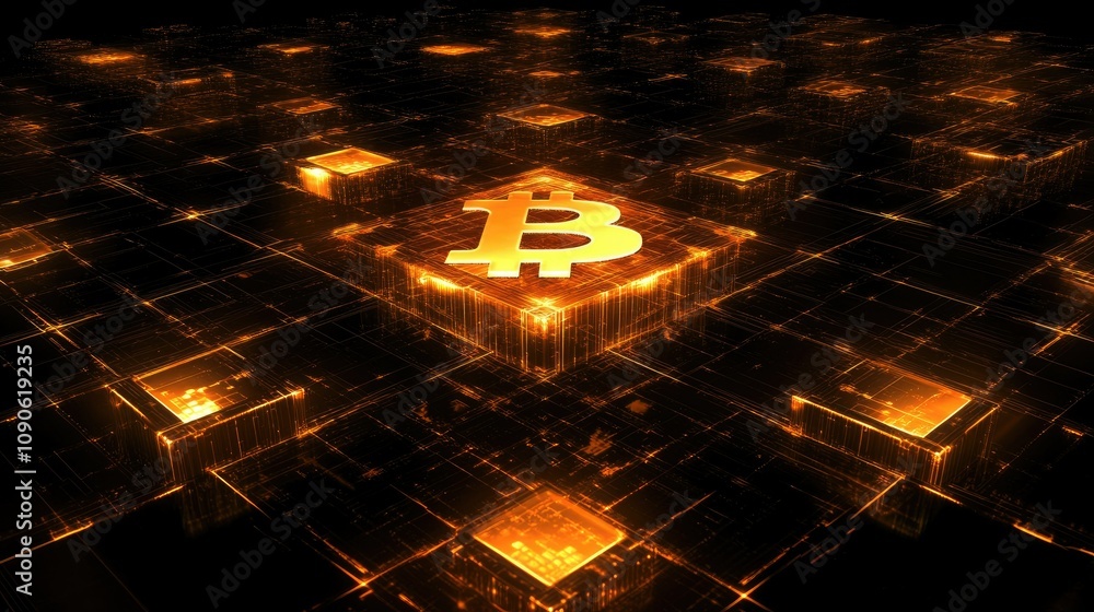 Poster abstract technology background featuring golden bitcoin symbol on a futuristic digital grid with rad