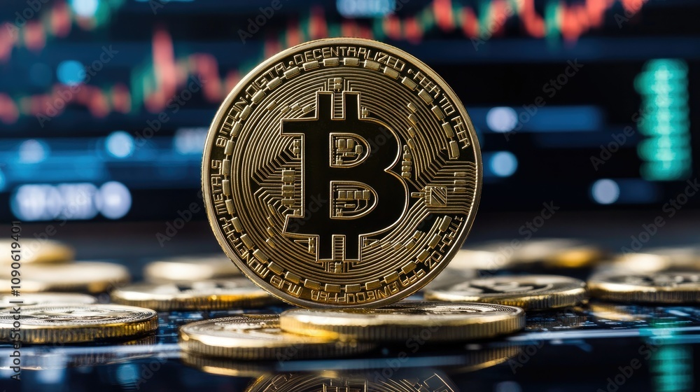 Poster golden bitcoin coin surrounded by stacks of coins against a background of financial graphs and price