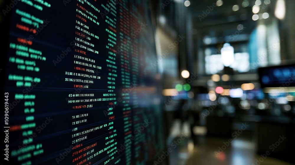 Aufkleber data flow: an abstract close-up shot of a digital screen in a bustling trading room, showcasing a co