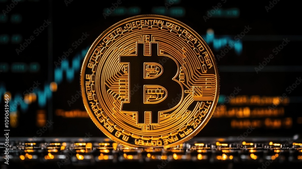 Poster golden bitcoin symbol on a keyboard with financial graphs in the background, representing cryptocurr
