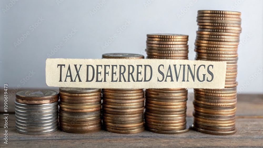 Poster coins stacked up a tall stack of coins with a label that reads taxdeferred savings highlighting the 