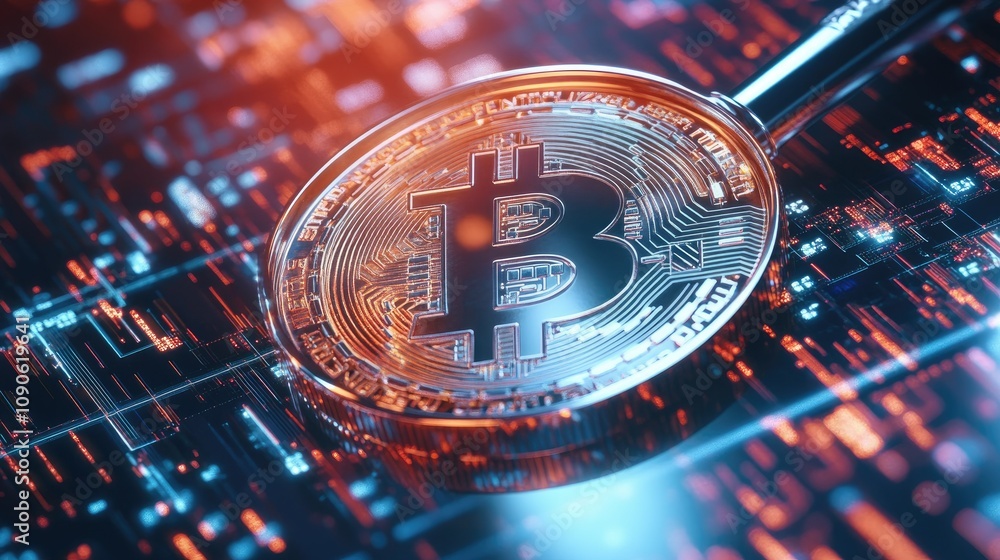 Poster close-up view of a bitcoin coin surrounded by digital code and technology background illustrating cr