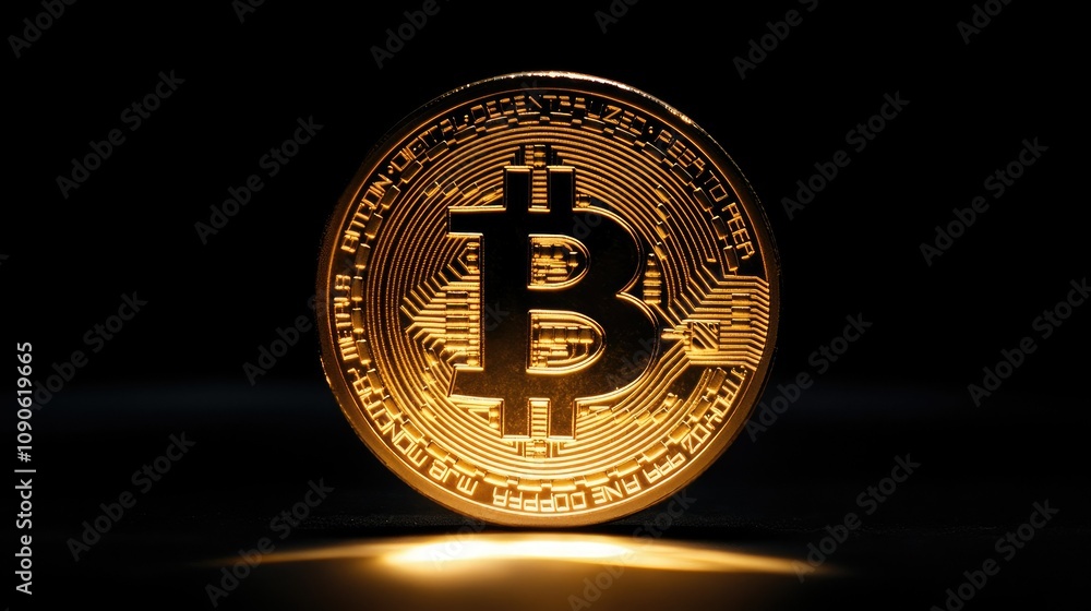 Poster shiny bitcoin coin on black background with intricate patterns reflecting light and highlighting cry
