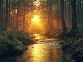 Fototapeta premium Sunlight streams through a misty forest. The photo captures the serene beauty of nature, perfect for websites or blog posts about nature and tranquility.