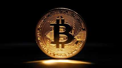 Shiny Bitcoin Coin on Black Background with Intricate Patterns Reflecting Light and Highlighting Cryptocurrency's Digital Value and Technology