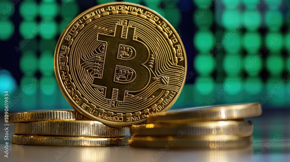 Poster golden bitcoin coins stacked on a surface with a green and blue binary background illustrating digit