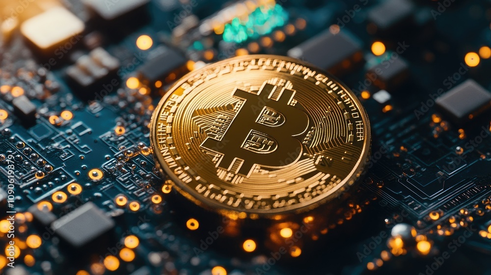 Poster golden bitcoin coin surrounded by circuit board with microchips and bright lights in a digital techn