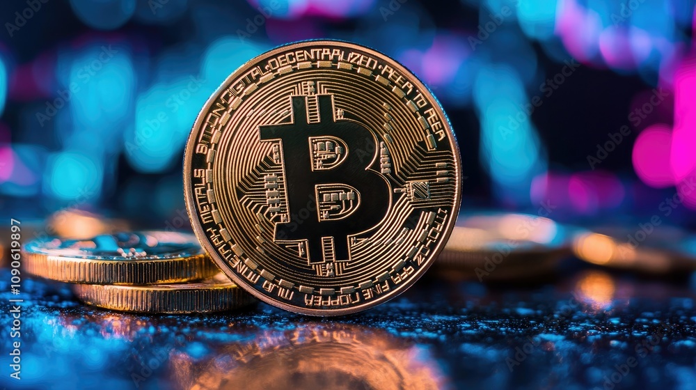 Aufkleber close-up of bitcoin cryptocurrency coin on a glossy surface with colorful neon background, symbolizi
