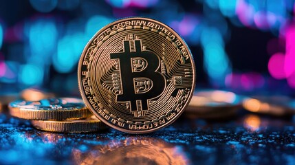 Close-up of Bitcoin Cryptocurrency Coin on a Glossy Surface with Colorful Neon Background, Symbolizing Digital Finance and Blockchain Technology