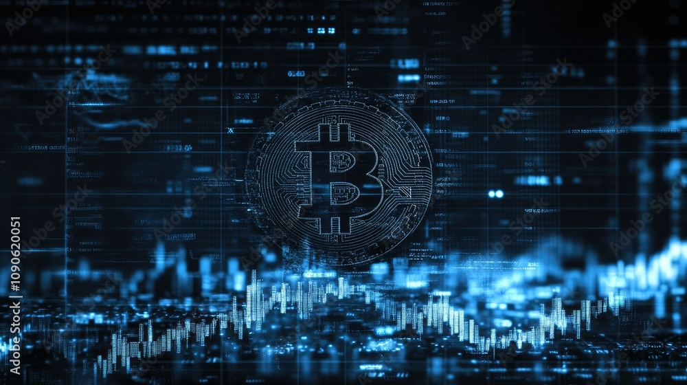 Poster digital cryptocurrency concept showcasing bitcoin with financial data visualizations and abstract te