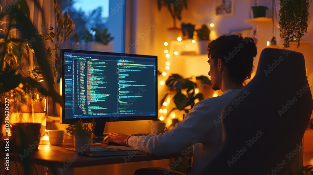 Poster a programmer working at a computer in a cozy, plant-filled room with ambient lighting.