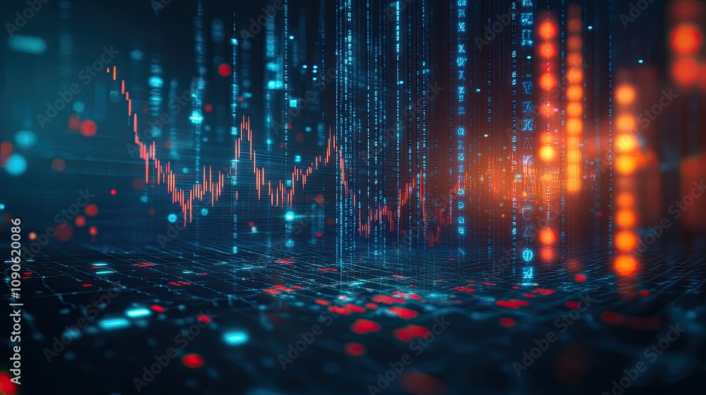 Poster abstract digital financial background with data visualization, graphs, and numbers representing tech