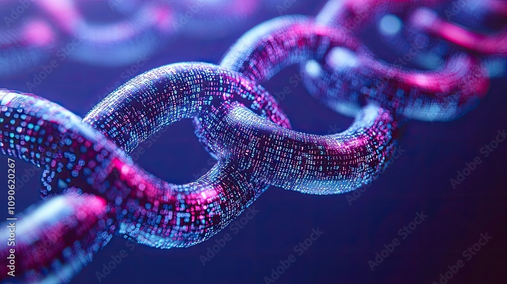 Poster futuristic digital chain links representing blockchain technology with vibrant colors and glowing ef