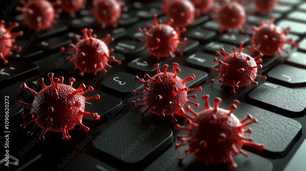 Poster red viruses infecting computer keyboard, cybersecurity threat visualization keyboard