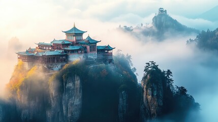 Fototapeta premium Majestic Mountain Temple Surrounded by Misty Landscape and Lush Greenery at Dawn with a Serene Atmosphere Enhancing the Tranquil Aura of Nature's Beauty