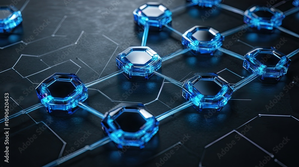 Poster futuristic network connection with glowing hexagonal nodes and blue light on dark surface representi