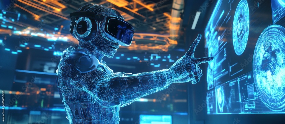 Poster futuristic robot using vr headset interacts with holographic display in a high-tech environment.