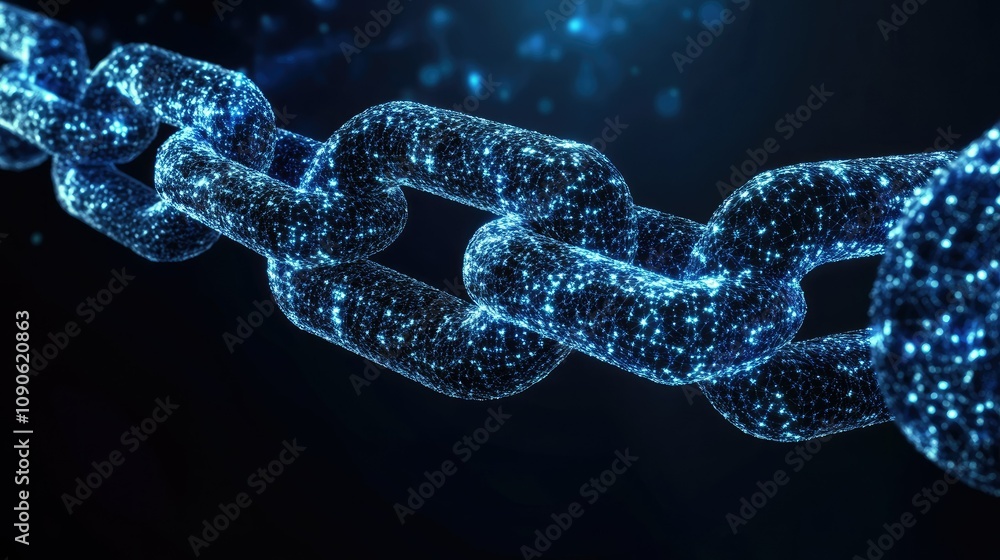 Poster futuristic digital chain link representing blockchain technology with sparkling particles in a dark 