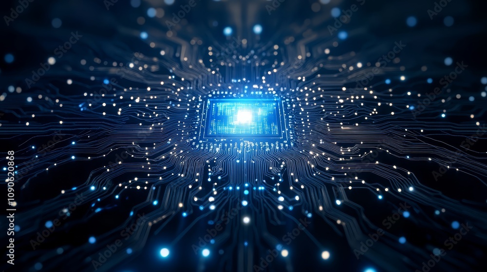 Poster intricate circuit board closeup, exploring electronic components, connections and central processing